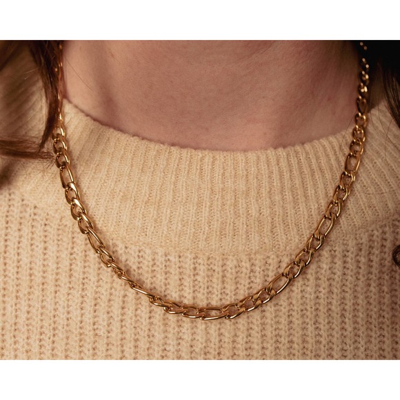 Parris 14k Gold Plated Over Stainless Steel Figaro Unisex Chain Link Necklace - Picture 5 of 10